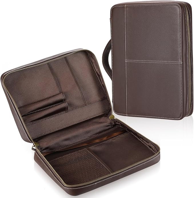 Top Grain Leather Bible Cover for Men Women Buffalo Genuine Leather Bible Case Book Holder Bag with Zipper Handle Back Pocket Bookmark Father's Day Religious Gift(Dark Brown,Large,Classic)