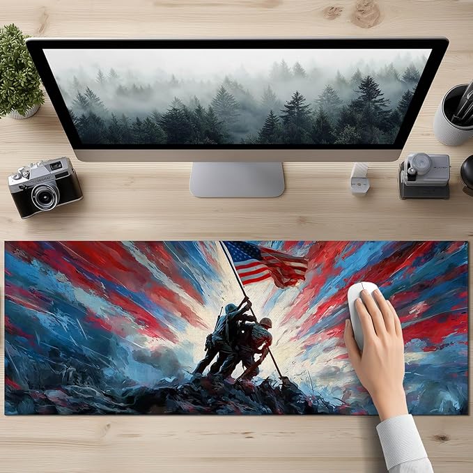 HOMETITUTE XL Mouse Pad 31.5 x 11.8 Inch Soldiers Raising American Flag Desk Mat Large Extended Gaming Mousepad Waterproof Non Slip Desk Pad Keyboard Mat Office Computer Accessories