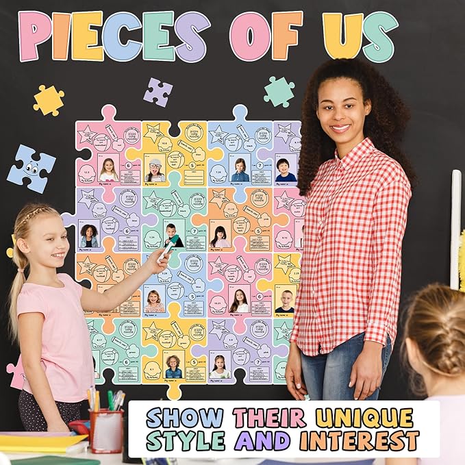 QOUBAI Pieces of Us Bulletin Board Set Puzzle Self-introduction Themed Classroom Bulletin Board Decorations All About Me Cutouts Classroom Decorations for Back to School Office Home Chalkboard Decor W