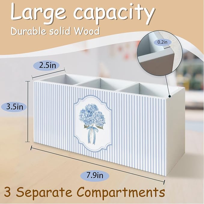 Hydrangea Pen Pencil Holder Organizer for Desk, Hydrangea Gifts, Hydrangeas Kitchen Cooking Makeup Brush Utensil Holder, Blue and White Bow Floral Wooden Box Sign for Home Office Tabletop Decor