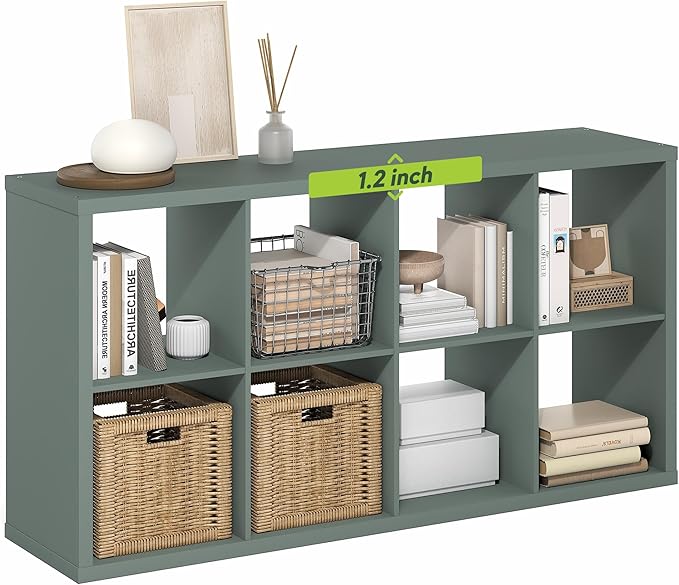 Furinno Cubicle Book Shelf, 8-Cube Bookshelf, Extra Thick Frame Horizontally & Vertically Reversible Bookcase with Open Back, 14.6" x 30" x 58", for Living Room, Bedroom, Home Office, Sage Green