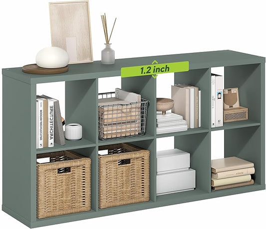 Furinno Cubicle Book Shelf, 8-Cube Bookshelf, Extra Thick Frame Horizontally & Vertically Reversible Bookcase with Open Back, 14.6" x 30" x 58", for Living Room, Bedroom, Home Office, Sage Green