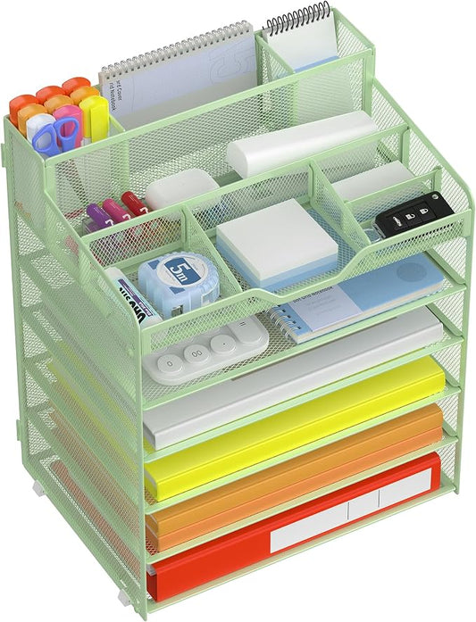 Docnest 6 Tier Mesh Desk Organizer for Paper Office Supplies – Multi-Functional Letter Tray with 5 Adjustable Compartments, 6 Pen Holders, Desktop Storage for Files, Mail, Stationery – Green