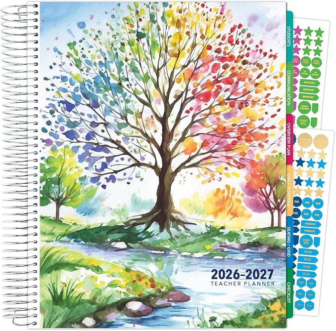 DELUXE TEACHER PLANNER Aug 2026-Jul 2027 8.5x11 Daily Weekly Monthly Organizers with 7 Periods, Pocket Folder, Dated Calendar, Page Tabs, Bookmark and Planning Stickers (Tree Seasons)