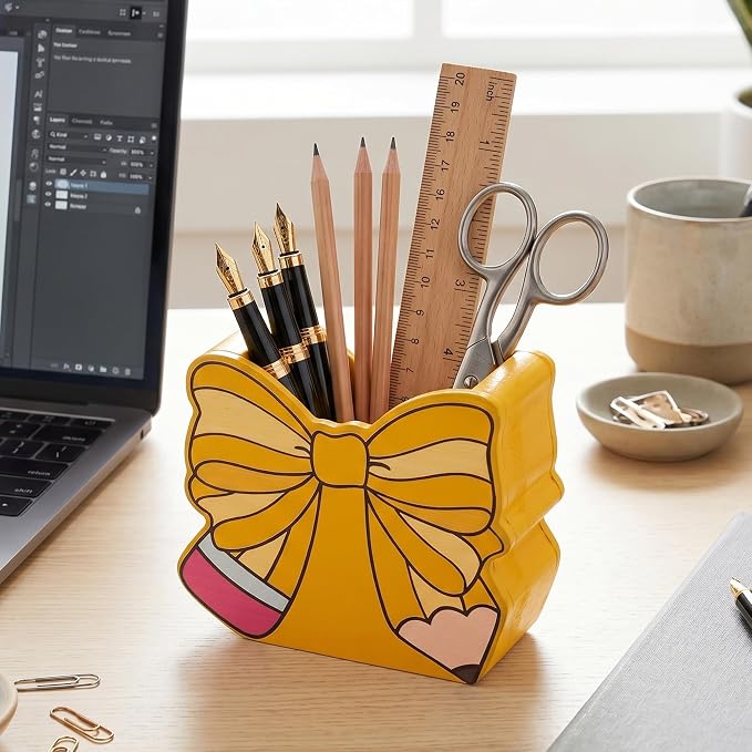 MALLMALL6 Bow Pencil Holder - Back to School Wooden Pen Holder, Cute Ribbon Caddy Case Gift for Kids Students Girls Women, Desktop Dispenser Storage Organizer for Classroom Teacher Office