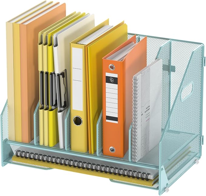 Docnest Desk File Holder Sorter, 5 Vertical Compartments Rack with Letter Tray, Mesh Magazine File Holder with Handle,Workspace Organizers,Desk Organizers for Paper, Mail, Documents-Blue