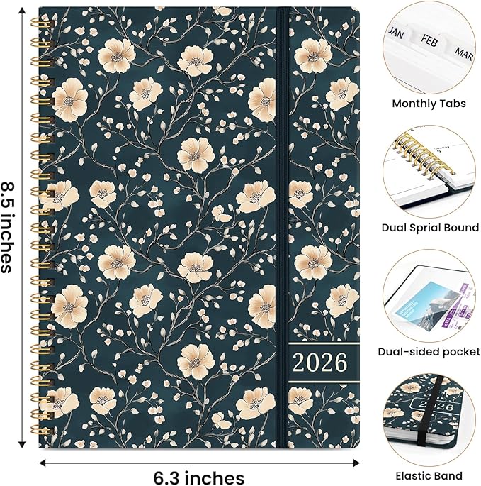 2026 Planner, Weekly and Monthly Planner for Women, Jan 2026 - Dec 2026 Pretty 2026 Calendar Planner with Monthly Tabs, Inner Pocket, Spiral Binding, Perfect for Office Home School - 6.3" x 8.5", Floral Vine