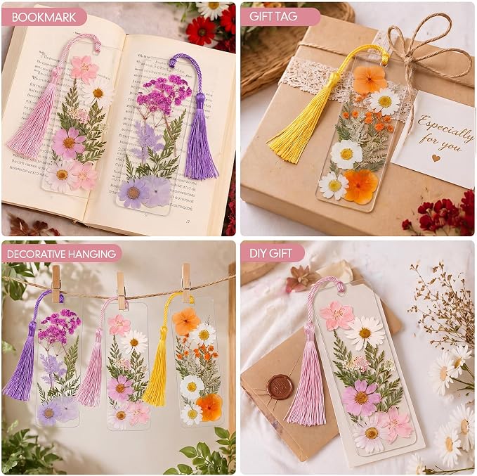 Fuyoooo 61 Pcs Dried Flower Bookmark Making Kit, DIY Bookmark Laminating Pouches with Tassels and Puncher, Handmade Craft Kit for Women, DIY Gifts for Book Lovers (Pink Orange Purple,2 x 6 Inch)