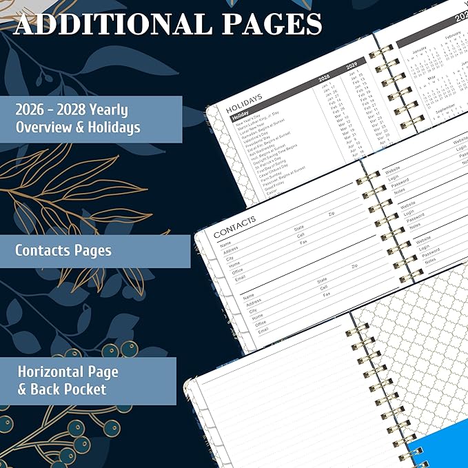 2026-2028 Monthly Planner/Calendar - 3 Year Monthly Planner 2026-2028, 6.3" x 8.4", Jan 2026 - Dec 2028, Months Tabs, Inner Pocket, Elastic Closure, Twin-Wire Binding