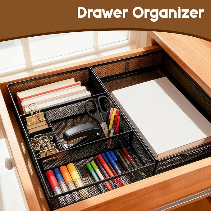 Yummy Sam 2 Pack Desk Drawer Organizer Tray, Office Drawer Organizer Tray with 2 Dividers, Metal Mesh Drawer Organizers for Desk, Desktop, Office Supplies, 12.2X8.8x2.1Inches