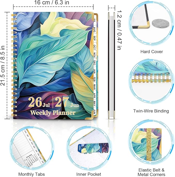 2026-2027 Planner from Jul 26-Jun 27, 6.3" X 8.5" Hardcover Agenda Planner, Daily Planner Spiral Bound, Daily Journal Organizer with Inner Pocket, Bookmark, Perfect for Home, Office, Students