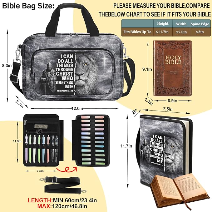 Devout Men's Super Roomy Bible Bag with Cozy Bible Cover, Bible Case, Faith Journaling Kit, Bible Tabs, Adjustable Strap, Pens, Highlighters & Cross Clips for Bible Study, Holy Vibe Peace of Mind