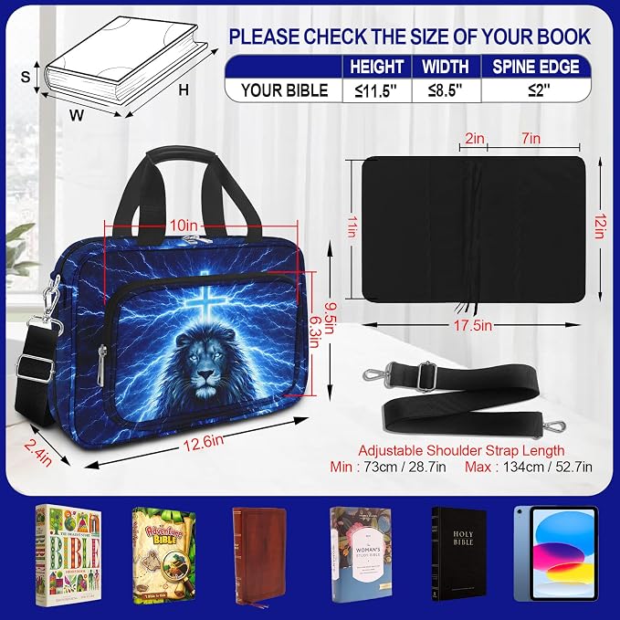 Lion Cross Large Bible Cover Case for Boys with Handle Zipper Pocket, Book Carrying Case with Pens Highlighters Cross Clips, Bible Study Supplies Journaling Kit, Christian Gifts for Men