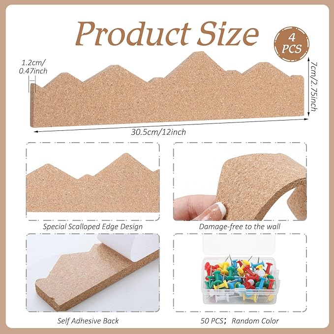 CroBlissful 4 Pcs Cork Strips Bulletin Bar Strip for Wall 12 x 3 Inches Frameless Cork Board Strips with 50 Push Pins, Self Adhesive Backing, for Classroom Office Home Cubicle (Mountain Style)