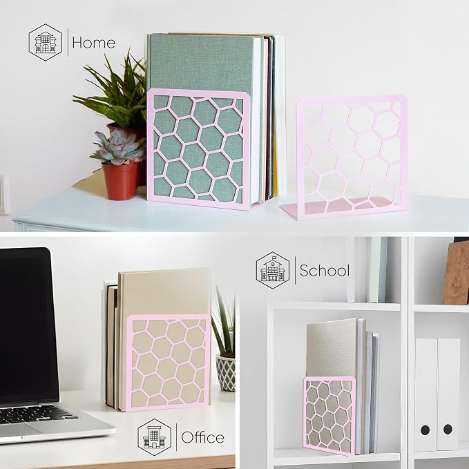 Pink Geometric Honeycomb Metal Bookends - Book Ends for Shelves - Decorative Modern Heavy Duty Bookend Stopper - Book Ends for Heavy Books - Home Office Book Holder - 1 Pair, 6x3.25x6.25 in