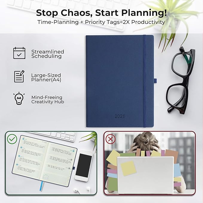 Weekly Monthly 2026 Planner (Jan.26-Dec.26),11.5"x8.5",12 Months Agenda Plan with Month Tabs & Pocket,Expenses/Note Pages, Appointment Book Calendar with Hardcover Vegan Leather Cover,Blue
