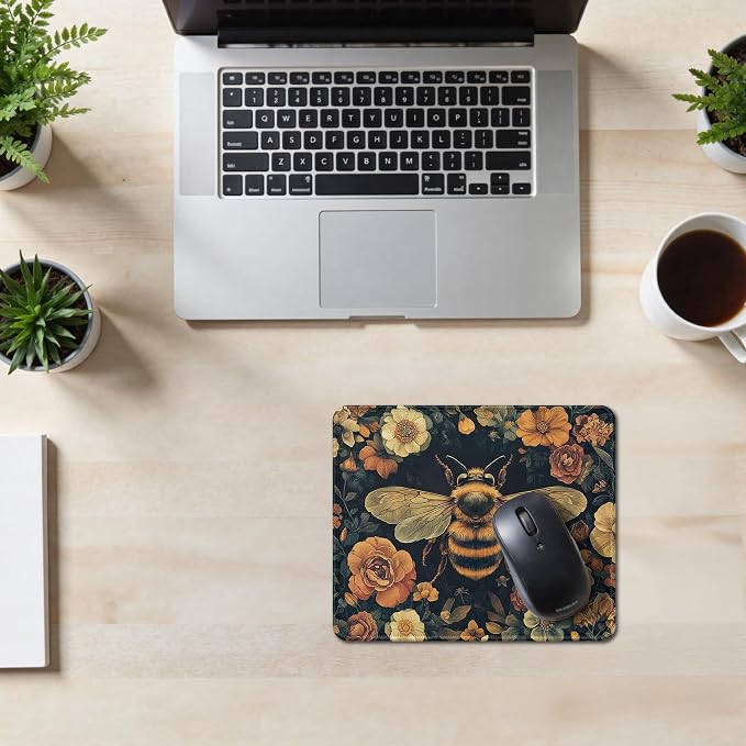 Vintage Moody Floral Bee Mouse Pad, Dark Cottagecore Botanical Bumblebee Insect Mousepad for Home Office Dorm Computers Laptop Supplies Desk Accessories,Bee Lover Gifts, 9.5x7.9 Inch
