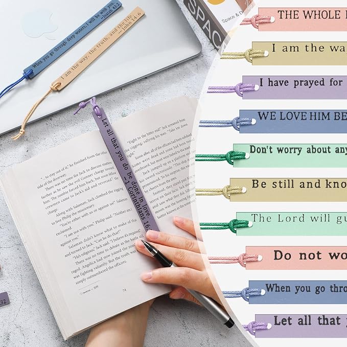 Laumoi 10 Pcs Christian Leather Bookmarks, Handmade Bible Verses Scripture Bookmarks for Women & Men, Religious Christian Gifts for Book Lovers, Church & Book Club Supplies(Elegant, Macaron Color)