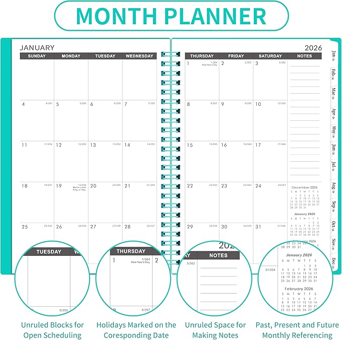 2026-2030 Monthly Planner/Calendar - January 2026 - December 2030, 5 Year Planner with Tabs, 6.4" x 8.5", 60 Monthly Calendar, Two-Side Pocket, 9 Notes Pages, Suitable for Long-Term Planning - Green