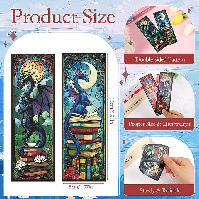 Dragon Sword Bookmark Gifts - 20 Pcs Stained Glass Art Transparent PVC Bookmark Fantasy Book Mark Page Clips Gifts for Women Men Book Lovers Teacher Student Bookish Reader Accessories