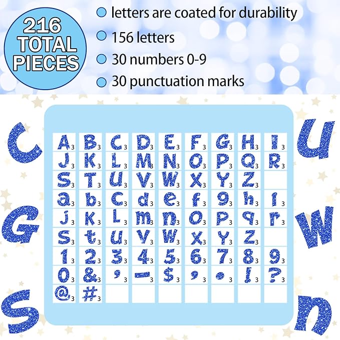 Colarr 216 Pcs Glitter Bulletin Board Letters for Classroom Number Alphabet Punctuation Symbol Cutout 4'' Die-Cut Poster Letter with Adhesive Dot School Graduation Party Holiday Decor Display(Blue)