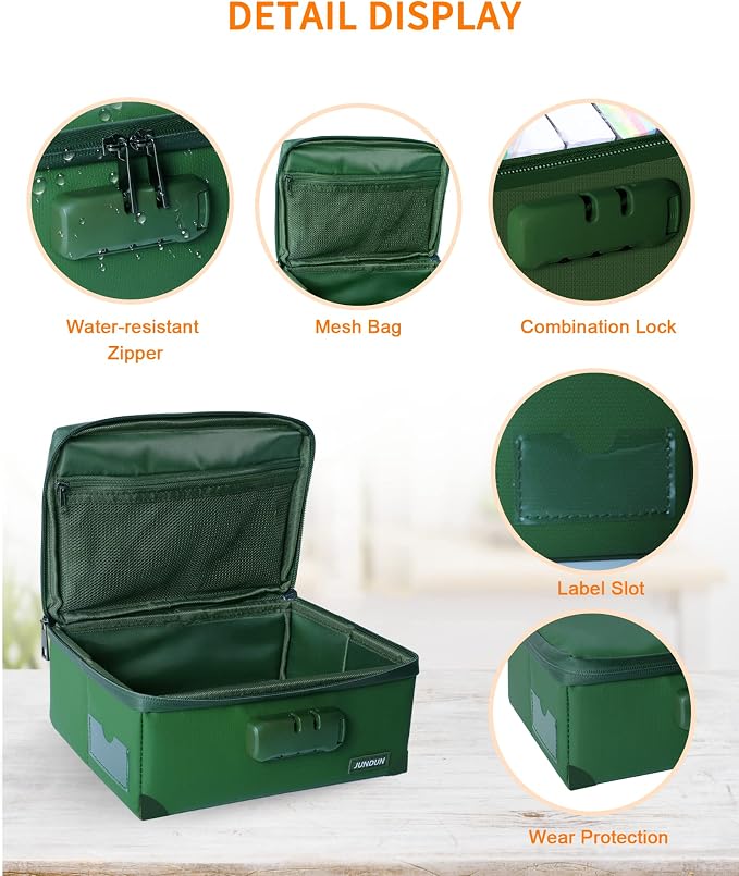 JUNDUN Index Card Holder with Lock,Collapsible Fireproof Index Card Box fits 1200 3x5-Inch Flash Cards - Business, Recipe, or Note Card Storage Boxes - Green