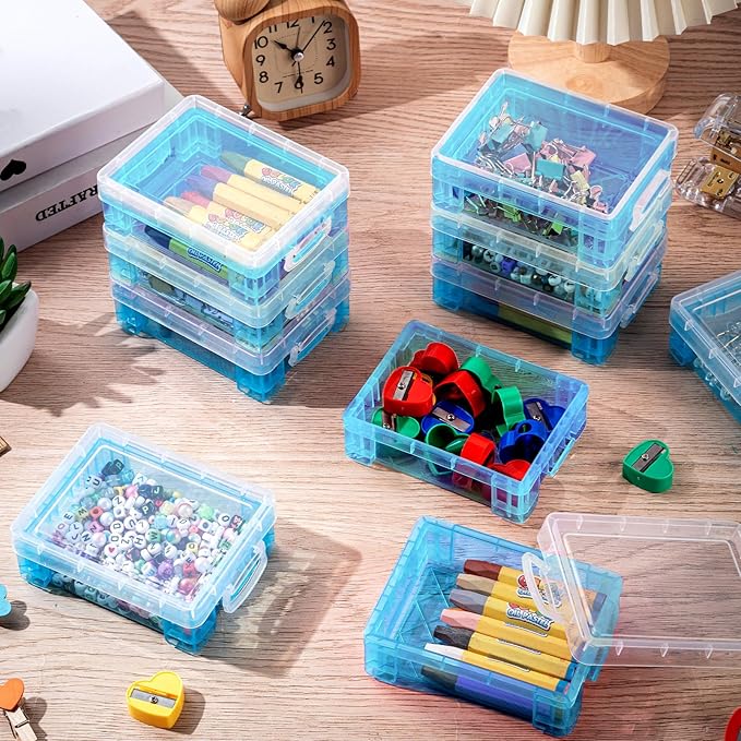 Suzile 12 Pcs Plastic Clear Crayon Box with Lids Stackable Blue Crayon Organizer Storage Holder Container Bulk Hard Pencil Case for School Classroom Office Supplies Pen Pencil Art Crafts