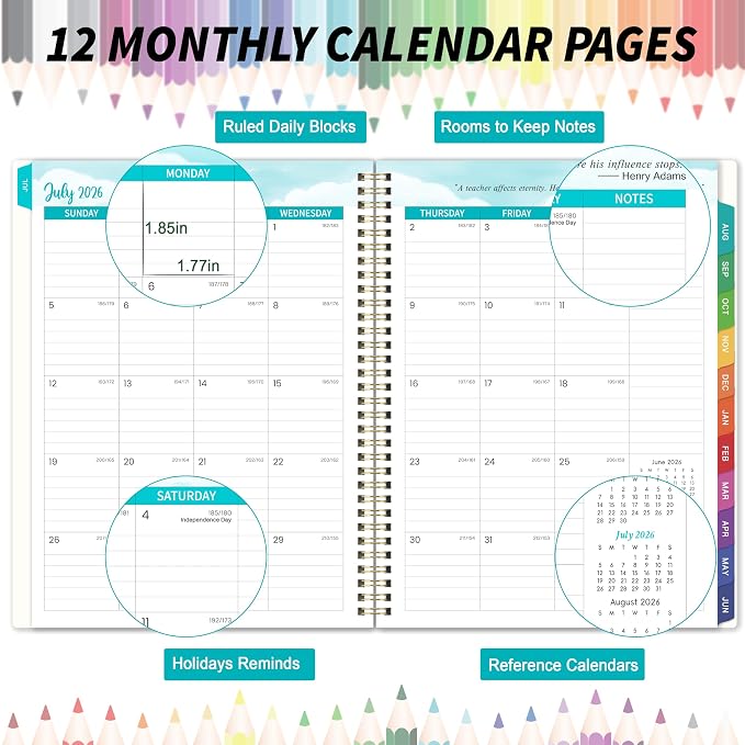 Teacher Planner 2026-2027 for Teacher School - Academic Year Weekly & Monthly Lesson Plan Book, Grade Tracker, Schedule, Spiral Bound, Colorful Tabs, Inner Pocket - Multicolor 8.5 x 11 inch