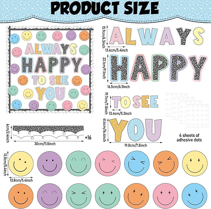 Composition Smile Face Bulletin Board Decoration Back to School Decor Always Happy to See You Bulletin Board Set Pastel Smile Face Paper Classroom Cutouts for Chalkboard Wall Door Decor Supplies