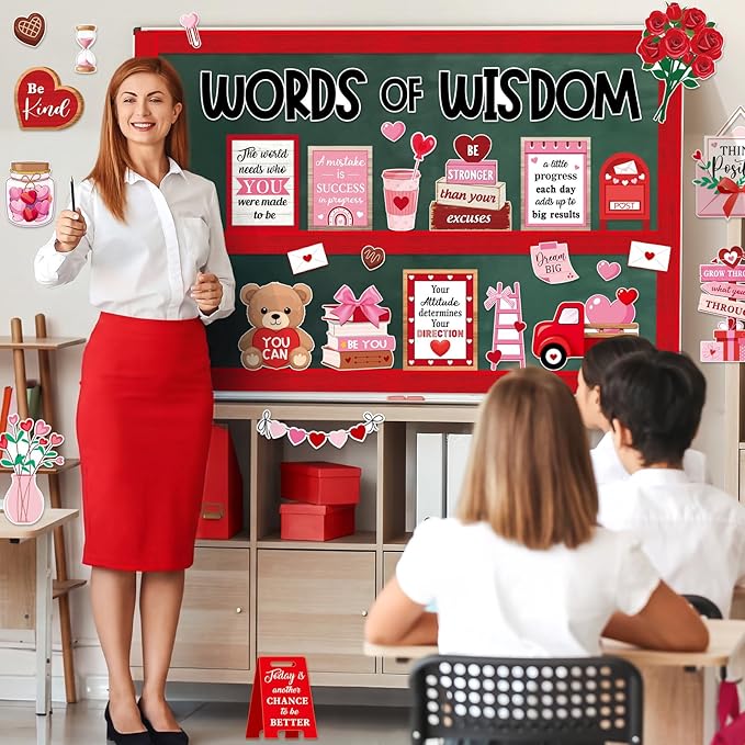 Mooliwe 57 Pcs Sweet Bulletin Board Set Pink Red Heart Envelope Paper Cutouts Positive Quotes Classroom Bulletin Board Decor for School Chalkboard Wall Door Window