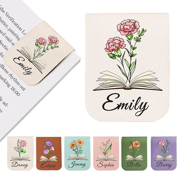EDSG Personalized Magnetic Bookmarks, Leather Bookmark Clip with Birth Flower & Name, Custom Bookmarks for Book Lovers, Readers, Teacher, Book Mark for Women Men Christmas (Beige-Magnetic V1)