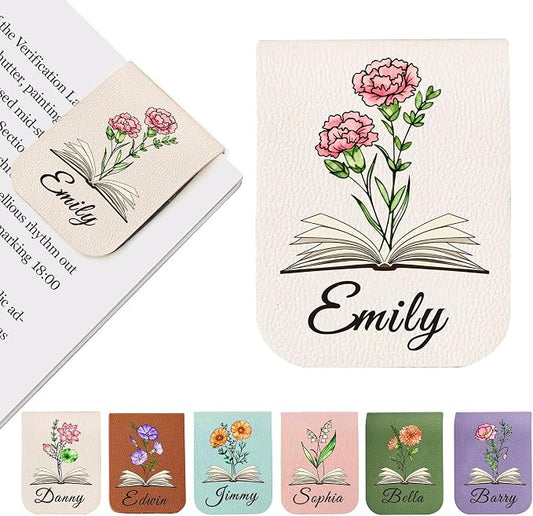 EDSG Personalized Magnetic Bookmarks, Leather Bookmark Clip with Birth Flower & Name, Custom Bookmarks for Book Lovers, Readers, Teacher, Book Mark for Women Men Christmas (Beige-Magnetic V1)