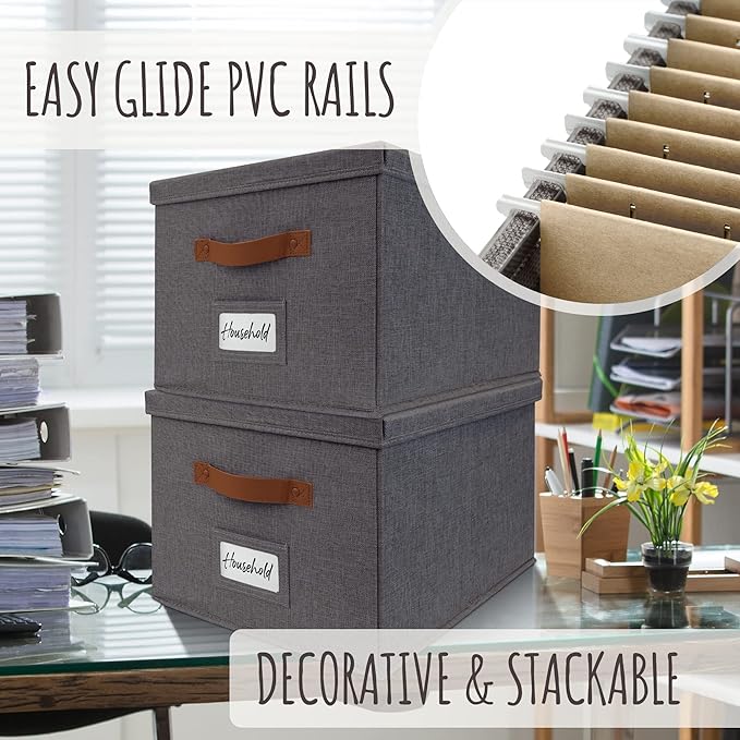 Decorative File Organizer Box Set of 2 - Collapsible Linen Filing Cabinets with Handles Are Perfect to Store All Your Documents & Hanging File Folders - Portable Easy Slide Office Crates with Lid