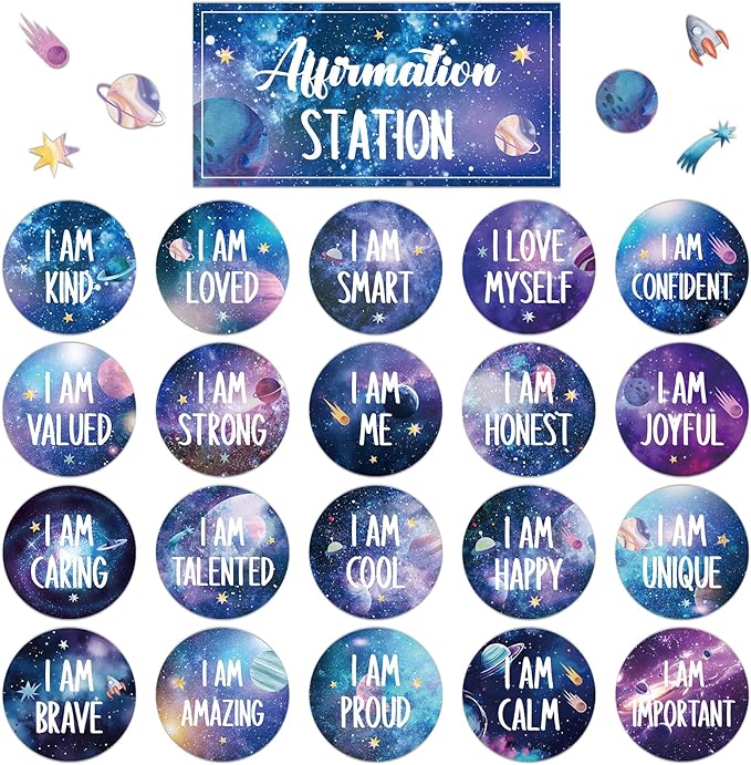 Outer Space Affirmation Station Bulletin Board Set Positive Bulletin Board for Classroom Growth Mindset Decoration Inspirational Motivational Accent Cutouts for Home School Teacher Wall Mirror Supply