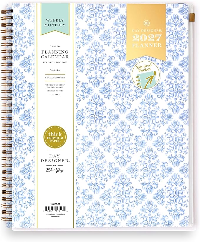 Blue Sky Day Designer 2027 Weekly and Monthly Planner Calendar, January 2027 - December 2027, 8.5" x 11", Flexible Cover With Zip Pouch, Durable Twin Wire Binding, With Stickers, Serenity Tile Blue