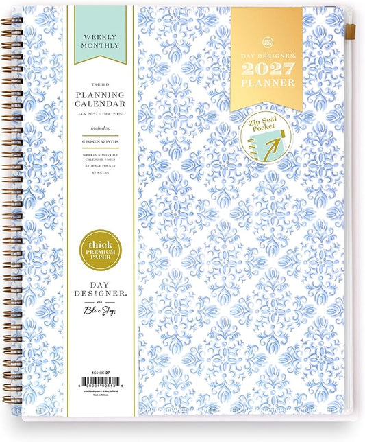 Blue Sky Day Designer 2027 Weekly and Monthly Planner Calendar, January 2027 - December 2027, 8.5" x 11", Flexible Cover With Zip Pouch, Durable Twin Wire Binding, With Stickers, Serenity Tile Blue