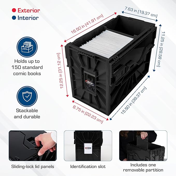 BCW Comic Bin, Black - Holds 150 Comics, Acid Free Storage and Organizer, Heavy Duty Plastic, Stackable, Includes Partition