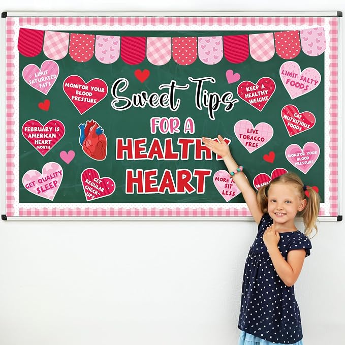 Valentine's Day Health Bulletin Board Set Pink Red Heart Paper Bulletin Board Valentines Classroom Sweet Tips for a Healthy Heart Cutouts for Valentines School Classroom Home Chalkboard Wall Decor