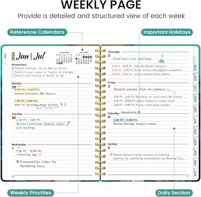 Planner 2026-2027, Academic Monthly and Weekly Calendar Planner for Women, July 2026 - June 2027, Hardcover Pretty Agenda Planner Book with Tabs, Spiral Daily Organizer for School Office Home Supplies, 6.3" x 8.5" - Emerald Shores