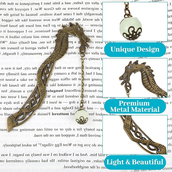 Jeffdad Dragon Bookmark, Fantasy Bookmark Gifts Glow in The Dark, Metal Bookmarks for Book Lovers, Cool Bookmarks Gifts for Women Men(Bronze Dragon and Ball)