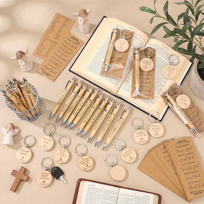 Lincia 40 Sets Christian Father's Day Birthday Gifts Bulk, Bible Verse Bookmarks Keychains with Bamboo Pens Religious Church Gifts Bulk for Men Ministry Bible Study Pastor Appreciation Church Events