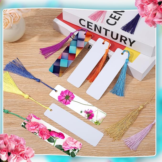 50 Sets Sublimation Blank Bookmarks, DIY Blank Aluminum Metal Bookmarks with Clear Bookmark Sleeves Tassels and Self-Sealing Bags for Crafts Birthday Reading Back to School Supplies