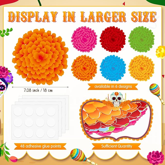 TaoBary 24 Pcs Day of The Dead Decorations Marigold Flower Paper Cutouts 7.09in Dia De Muertos Party Decorations Marigold Flower Bulletin Board Decor for Mexican Halloween Classroom Altar Wall Crafts