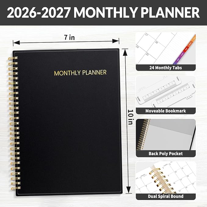 SUNEE 2026-2027 Planner - 24 Months (Jan 2026 - Dec 2027) - 7"x10" Monthly Spreads & Yearly Planner, Black
