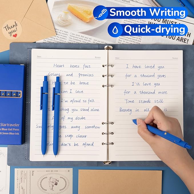 YOXMJDB 6 Pcs Blue Ink Pens for Journaling 0.5mm Fine Point Blue Gel Ink Pens, Smooth Writing Quick Dry Pens for Note Taking, Gift Set for Women & Men (6 Pcs Blue Gold)