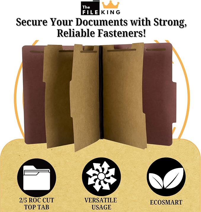 The File King Three Divider Pressboard Classification Carnelia Red File Folder - Letter Size | Box of 10 | 2/5 ROC Top Tab | 3” Expansion | Eight 2-Inch Fastener Prongs | USA Made