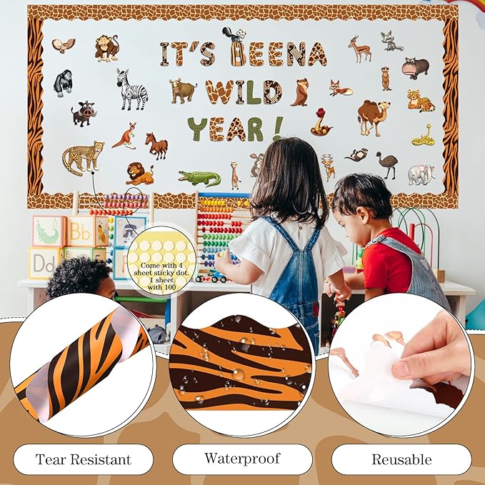 Kosiz Safari Animal Bulletin Board Decoration Set 118 ft Scalloped Bulletin Board Borders Classroom Poster Border Trim with 257 Pcs Letter Number Symbol Cutout for School Decor