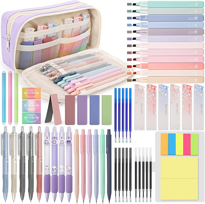 DazSpirit 61 PCS Aesthetic School Supplies with Cute Pen Case, Pastel No Bleed Highlighters, Gel & Erasable Pens, Mechanical Pencils, Refills, Complete Essentials Stationery Kit for Students (Purple)