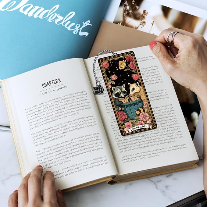 Cute Raccoon Metal Bookmark Gifts, Raccoon Floral Printed Book Mark Clips with Gift Bag, Cute Animal Bookmarks for Book Lovers Reading Girls Women Kids School Office Supplies