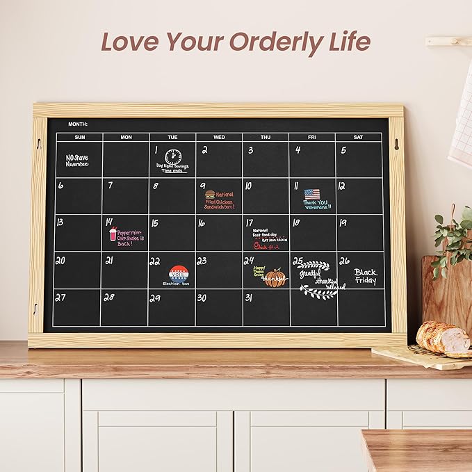 2-in-1 Double-Sided Magnetic Chalkboard 24"x16", Chalk Calendar Board & Large Blackboard for Kitchen & Home Decor, Schedule, Menu, Back-to-School Gift - Hanging Chalk Board with 2 Liquid Pens, Wood